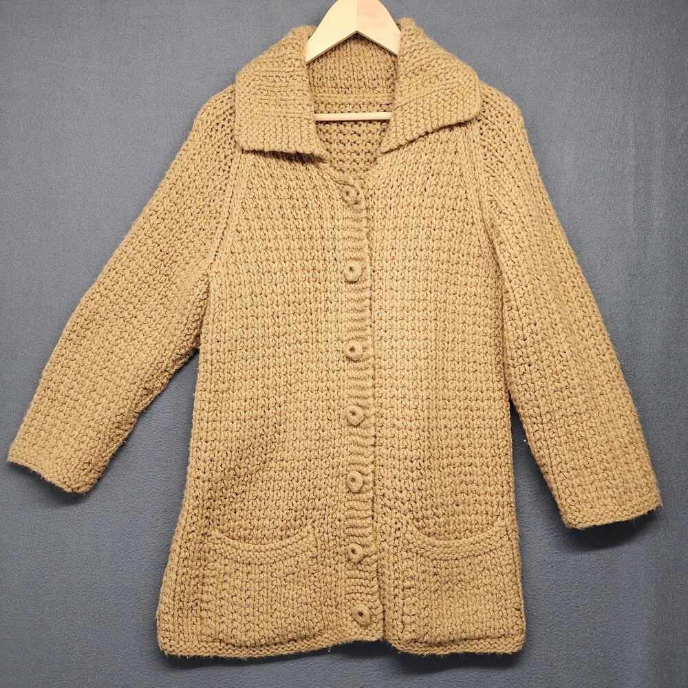 Vintage Handmade Sweater Cardigan Womens S/M Chunky Granny Grandma Neutral Tan